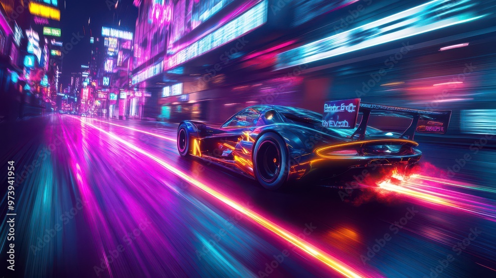 A high-speed race car carves through the neon-lit streets, leaving a glowing trail in its path A high-speed race car carves through the neon-lit streets, leaving a glowing trail in its path