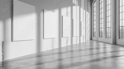 Symmetrical row of whiteboards on a seamless light gray backdrop, minimalist aesthetic, modern and simple mockup, perfect for design showcases, 3D rendering