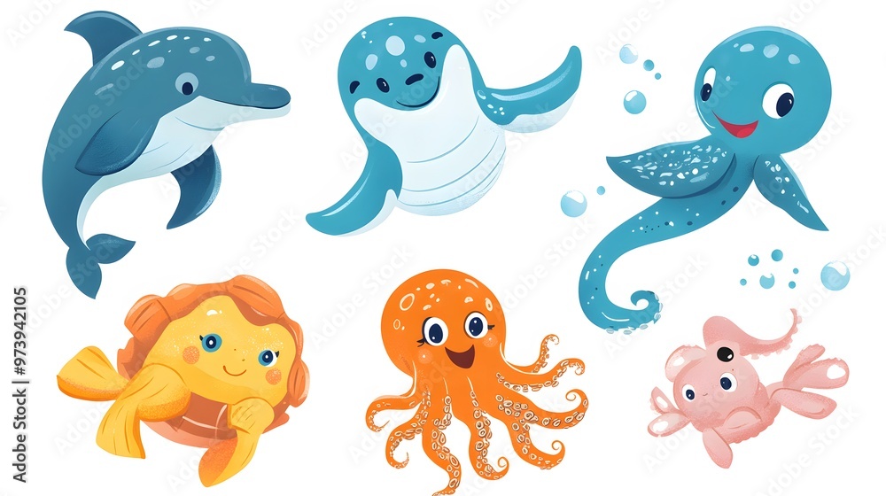 Six Cartoon Sea Creatures with Smiling Faces Six Cartoon Sea Creatures with Smiling Faces