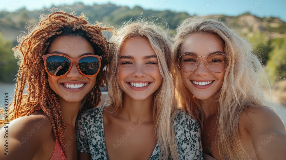 Three women smiling and taking a selfie from the back of their SUV, with a scenic mountain landscape behind them.