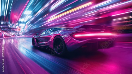 Racing at breakneck speeds, the car blurs through the neon-lit street like a comet