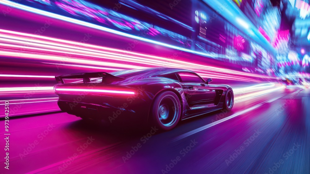 Fototapeta premium A fast car in motion, the neon lights along the street becoming a continuous streak of brilliance