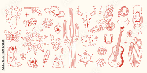 Set of different wild west symbols. Hand drawn illustration in sketch line style.