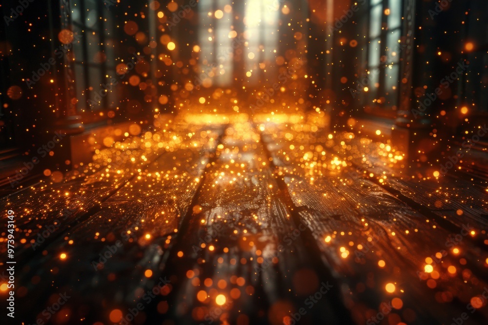 Glowing particles on a wooden floor with blurred background. Glowing particles on a wooden floor with blurred background.