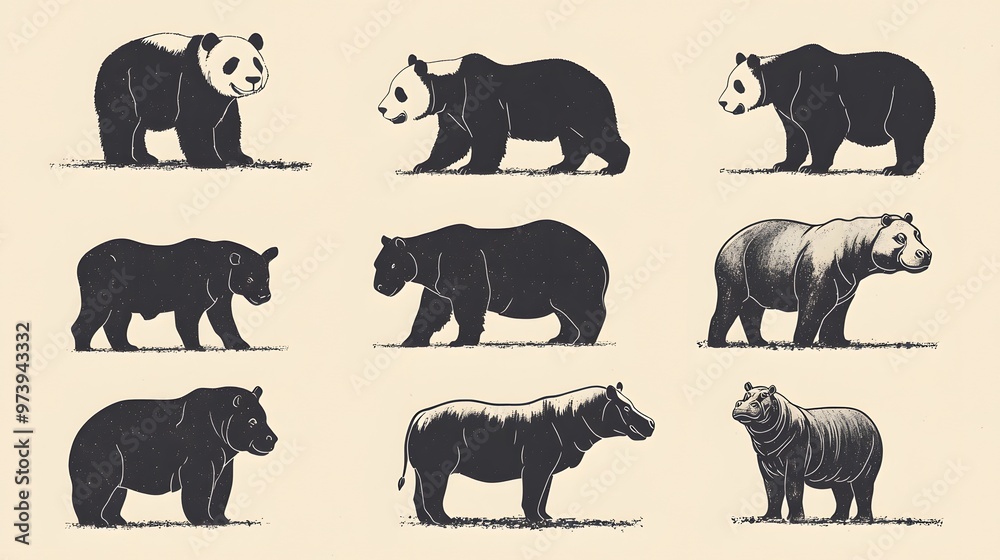 Fototapeta premium Silhouettes of a Panda Bear, Black Bear, and Hippopotamus