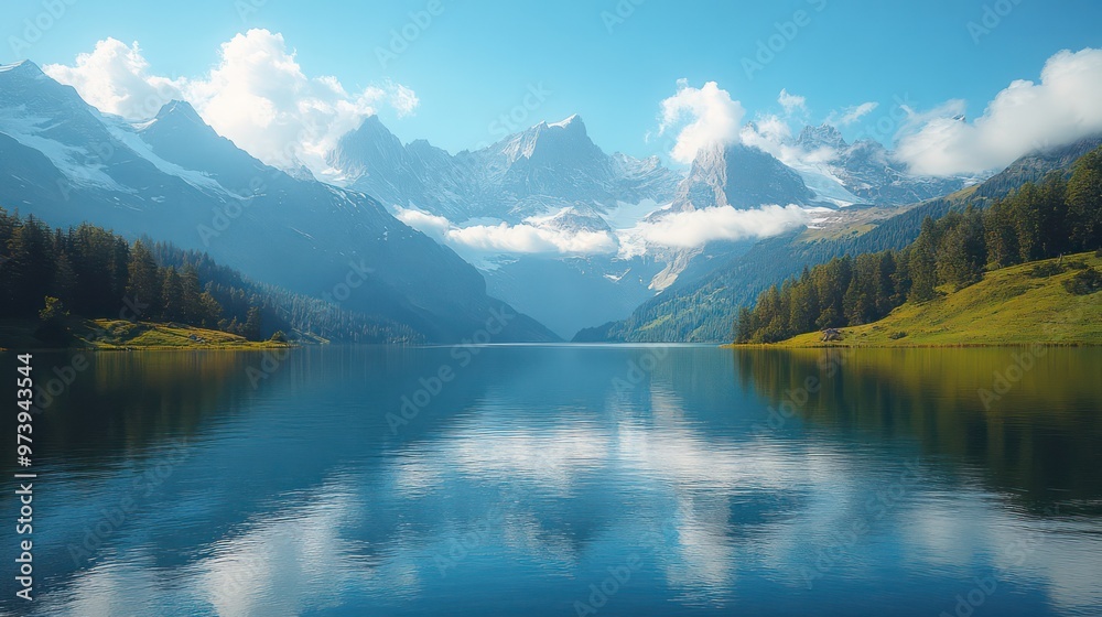 Tranquil alpine lake Surrounded by snow-capped mountains Tranquil alpine lake Surrounded by snow-capped mountains