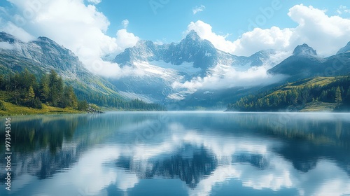 Tranquil alpine lake Surrounded by snow-capped mountains