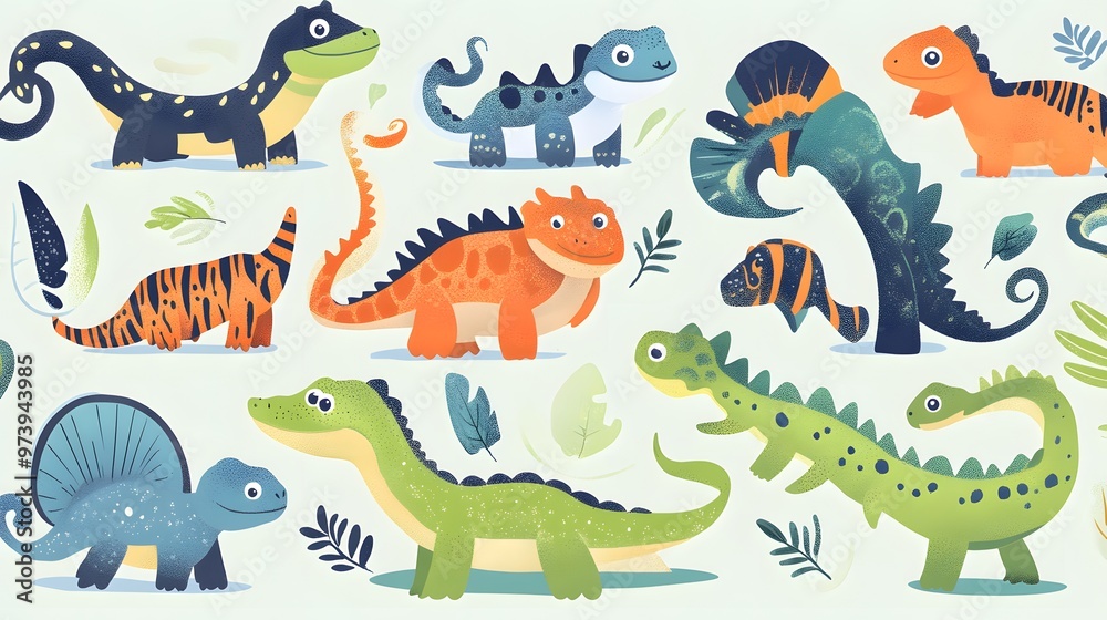 Obraz premium A Colorful Collection of Cartoon Dinosaurs and Lizards
