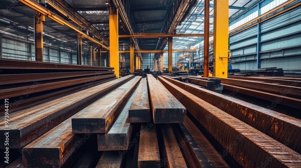 A modern industrial warehouse filled with stacked steel beams, capturing the essence of construction and heavy manufacturing