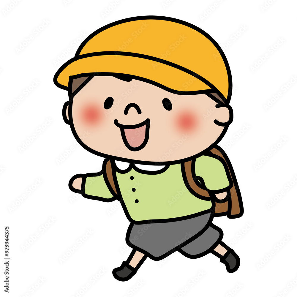 ランドセルを背負って通学帽子をかぶって走る子供（男の子2）