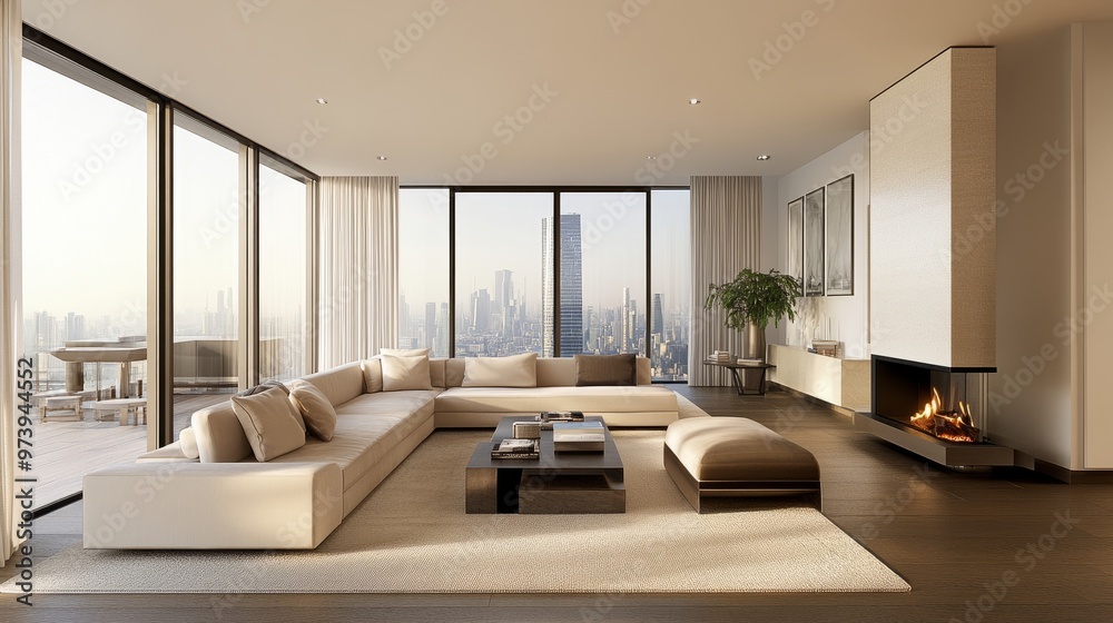 Spacious living room with floor-to-ceiling windows, a modern fireplace, and designer furnishings in soft neutral tones. Spacious living room with floor-to-ceiling windows, a modern fireplace, and designer furnishings in soft neutral tones.