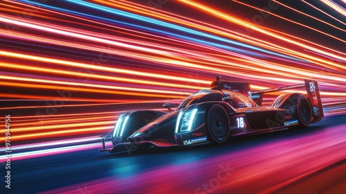 A race car speeds through the night, the neon lights transforming into glowing streaks of light