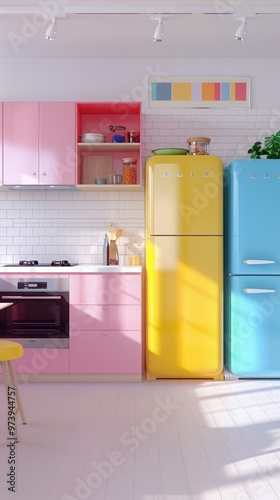 kitchen colorful refrigerator decor modern interior pastel vibrant cabinets pink yellow blue shelves sunlight bright design cozy home stylish appliances contemporary 