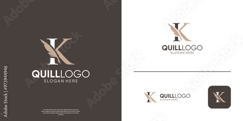 Signature letter K feather pen logo. Minimalist quill ink logo template.