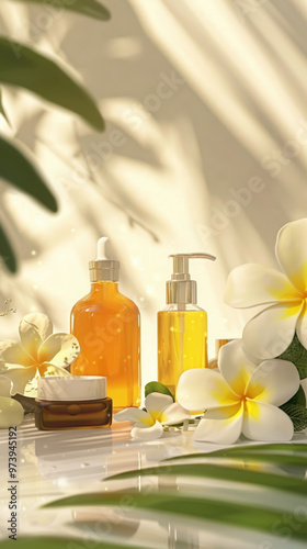 beauty spa wellness skincare aromatherapy flowers bottles lotion cream essential oils frangipani plumeria natural organic relaxation self-care health freshness 