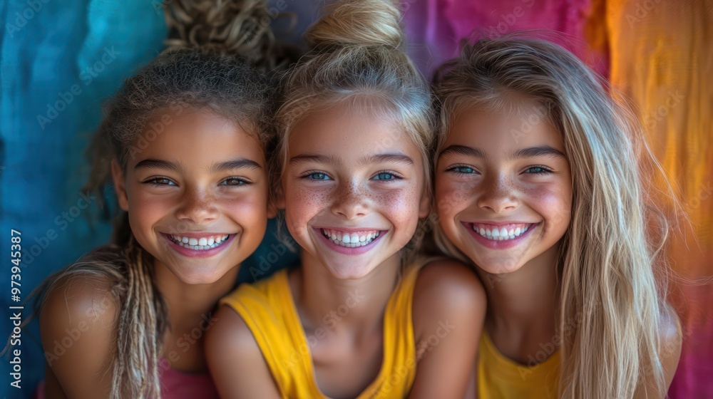 Group of young girl friends pose in studio against colorful backdrop Everyone had big smiles and happy expressions on their faces. Group of young girl friends pose in studio against colorful backdrop Everyone had big smiles and happy expressions on their faces.