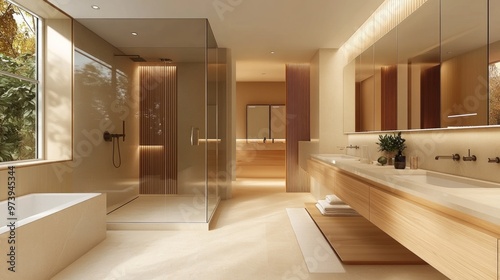 Stylish contemporary bathroom with large mirrors, a walk-in shower, and a warm color palette of beige and wood tones.