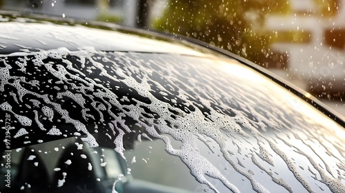 Close-up of a car window with soap and water droplets glistening in sunlight, showcasing the cleaning process and reflections.