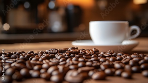 Fragrant Roasted Coffee Beans and Espresso Cup in Rustic Kitchen Setting with Natural Lighting and Textured Details