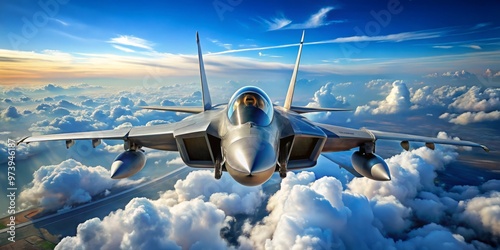 A sleek, twin-engine, multirole fighter jet soars through a blue sky, its thrust vectoring nozzles angled downward,