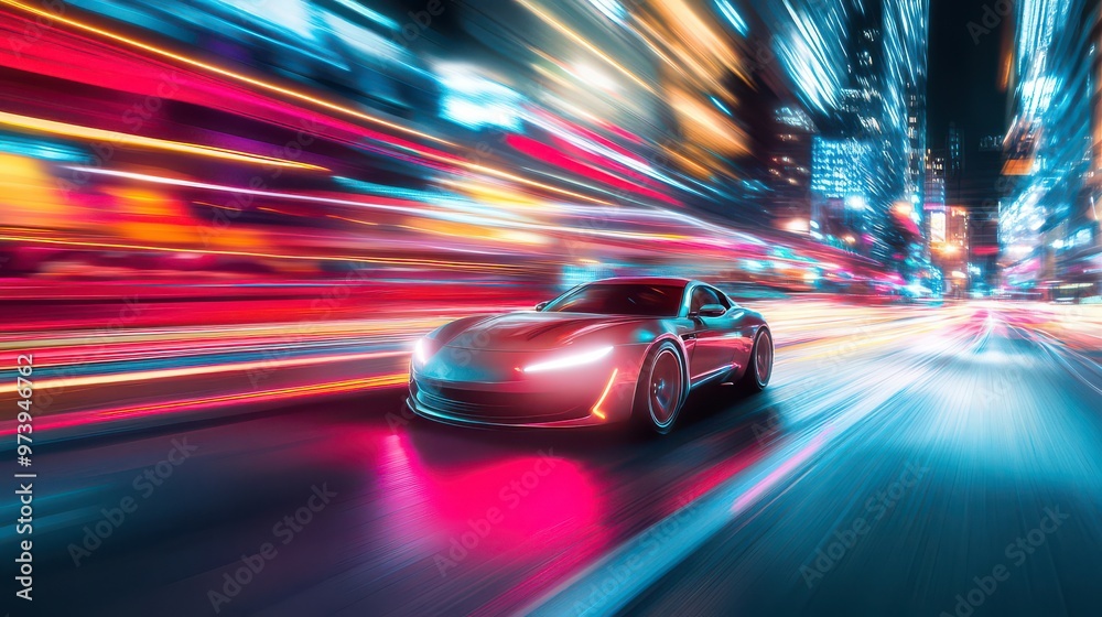 Blurring neon lights follow the fast car as it accelerates through the city streets at night Blurring neon lights follow the fast car as it accelerates through the city streets at night