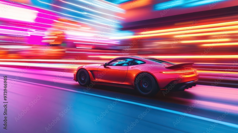 The car zooms down the street, neon lights flashing by as the speed increases with every second The car zooms down the street, neon lights flashing by as the speed increases with every second