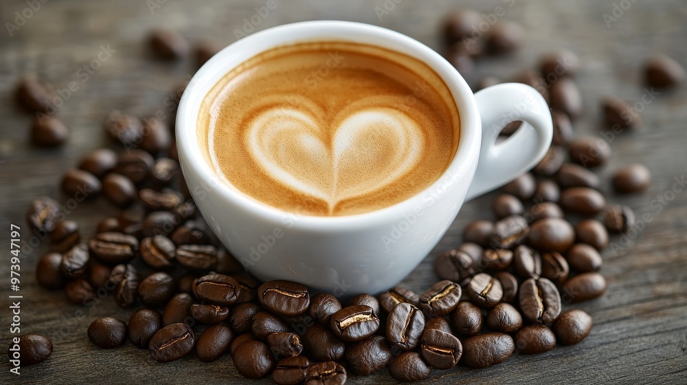 Heartwarming Freshly Brewed Coffee in White Cup Surrounded by Coffee Beans in Heart Shape, Soft Indoor Lighting Close-up Heartwarming Freshly Brewed Coffee in White Cup Surrounded by Coffee Beans in Heart Shape, Soft Indoor Lighting Close-up