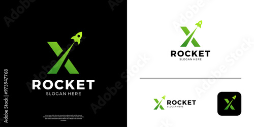 Rocket logo with gradient letter X symbol vector illustration.Print