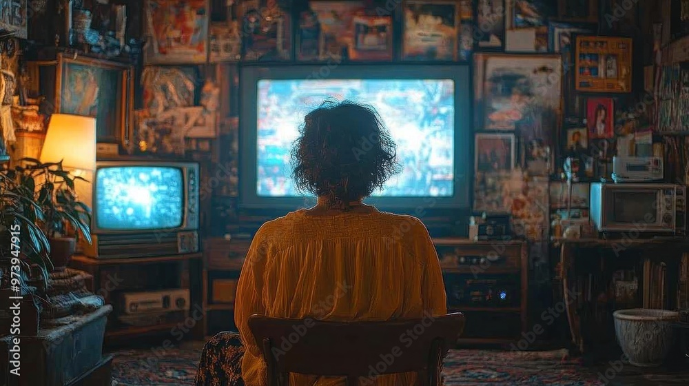 A person sitting in a cozy room, watching an old television. A person sitting in a cozy room, watching an old television.