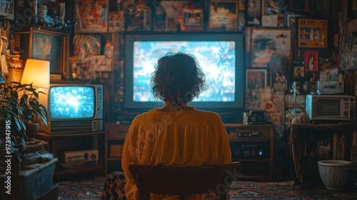 A person sitting in a cozy room, watching an old television.