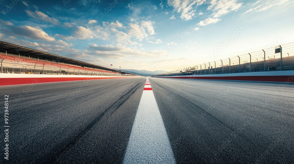 Fototapeta premium A panoramic view of an empty asphalt race track with a bright starting line and finish line.