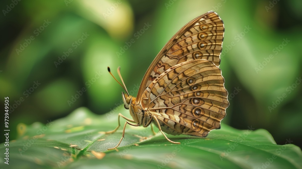 Beautiful orange butterfly with delicate wings perched on a green leaf in a vibrant garden Beautiful orange butterfly with delicate wings perched on a green leaf in a vibrant garden