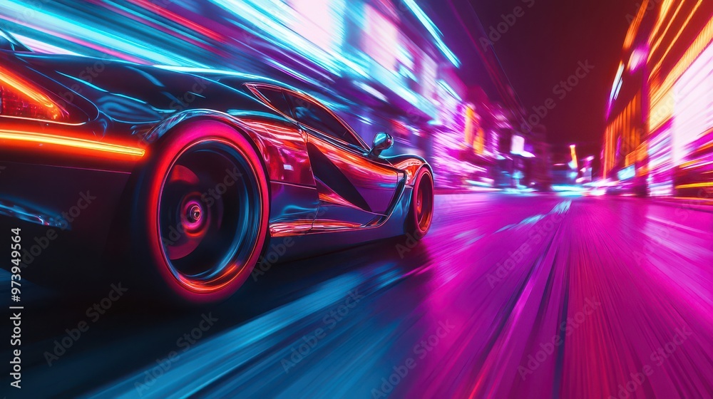 The car zooms down the street, neon lights flashing by as the speed increases with every second The car zooms down the street, neon lights flashing by as the speed increases with every second
