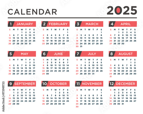 Colorful Desk Calendar Design 2025. Single Page Calendar for 12 Months