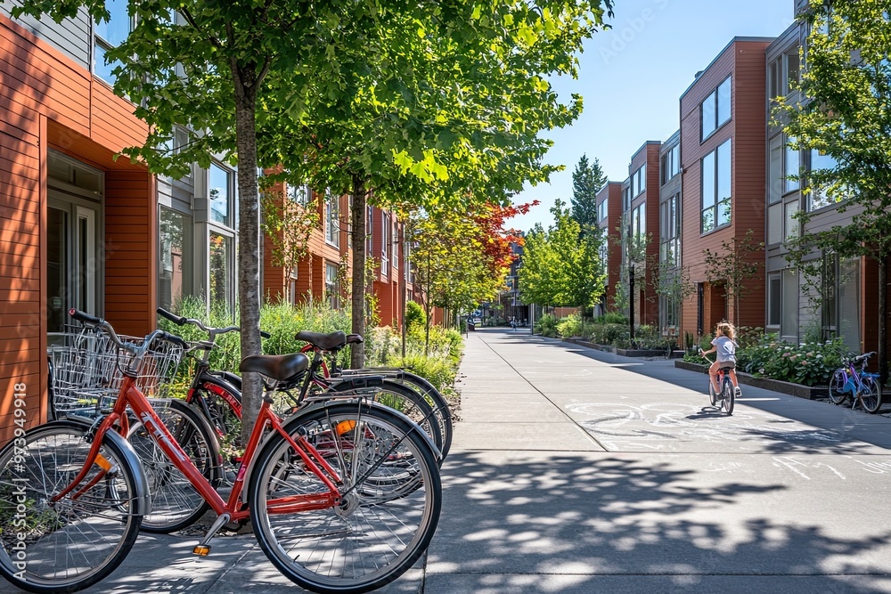 Fototapeta premium Urban street scene with bicycles and greenery.