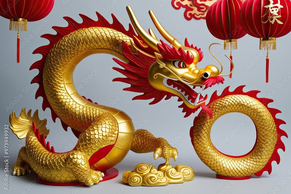 Obraz premium Stunning 3D Dragon Design for Lunar New Year 2024 featuring Luxurious Gold and Deep Red Accents