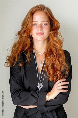 Adorable tender redhead girl with long curly hair . Fabolous curly hair . Concept of beauty, art, fashion, health and wellbeing photo