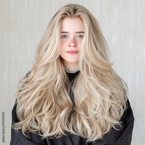 Adorable tender redhead girl with long blonde hair . Fabolous curly hair . Concept of beauty, art, fashion, health and wellbeing photo