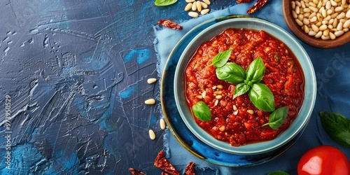 Small dish of tomato pesto featuring sun-dried tomatoes and pine nuts, set on a blue tablecloth and captured from above.