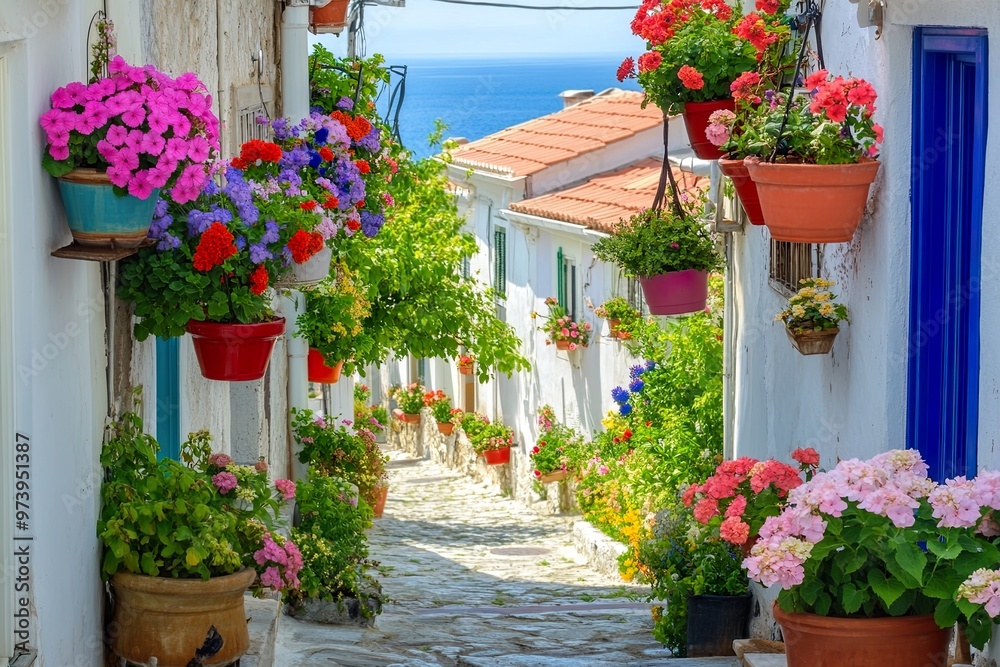 Naklejka premium Charming cobblestone street adorned with vibrant flowers.