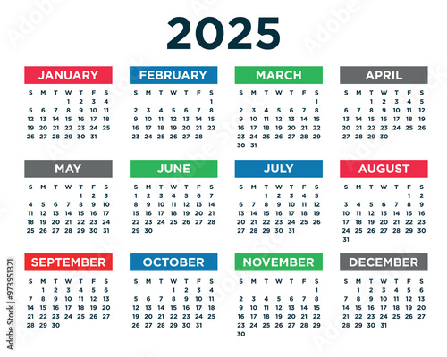 Colorful vector full calendar design template 2025 for office desk.
