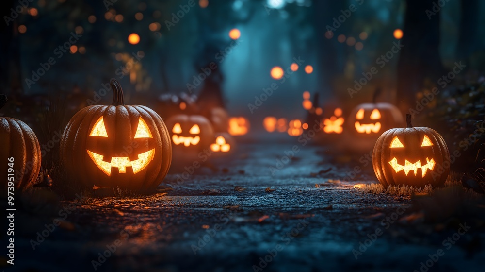 Spooky hallway setup with ghostly pumpkins for Halloween night Spooky hallway setup with ghostly pumpkins for Halloween night