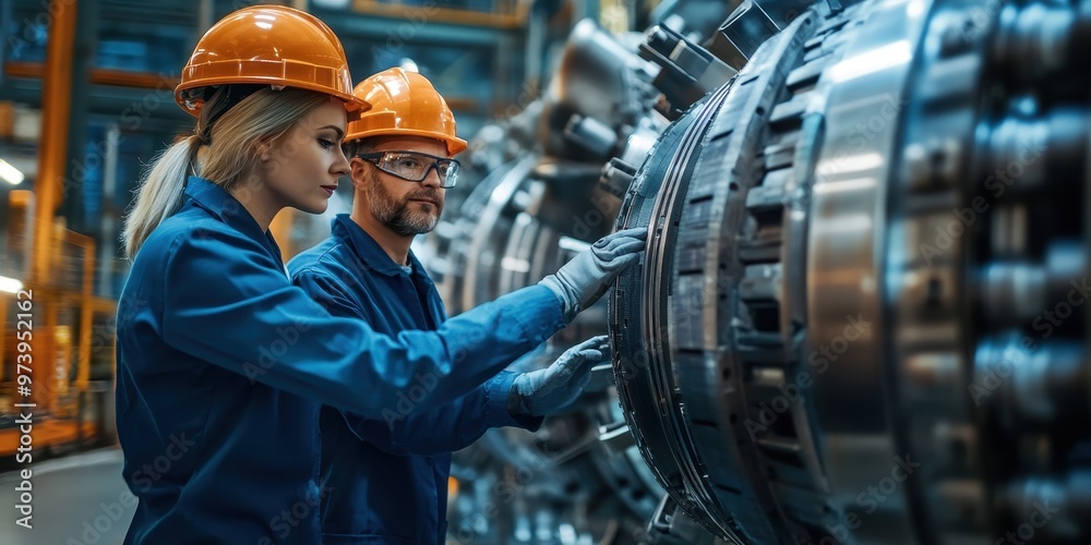 Engineers inspecting a large mechanical component in an industrial setting, showcasing teamwork and technical expertise. Engineers inspecting a large mechanical component in an industrial setting, showcasing teamwork and technical expertise.