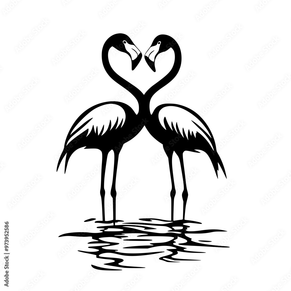 Silhouette of two flamingos facing each other, Black and white silhouette of two flamingos standing in water, facing each other, with their necks forming a heart shape.
Silhouette of two flamingos facing each other, Black and white silhouette of two flamingos standing in water, facing each other, with their necks forming a heart shape.