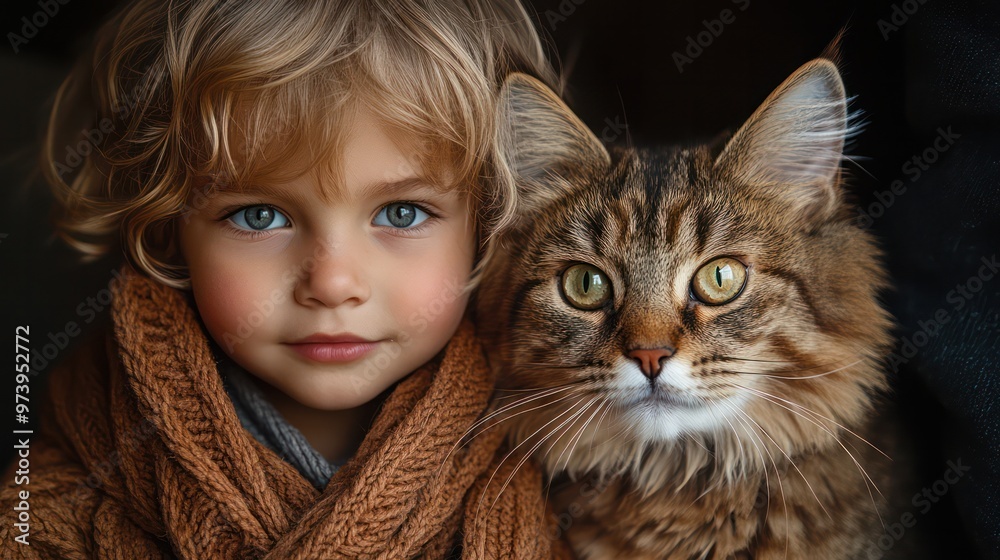 A young child standing with a pet cat in a studio, both looking naturally at the camera with the child holding a small phone. A young child standing with a pet cat in a studio, both looking naturally at the camera with the child holding a small phone.