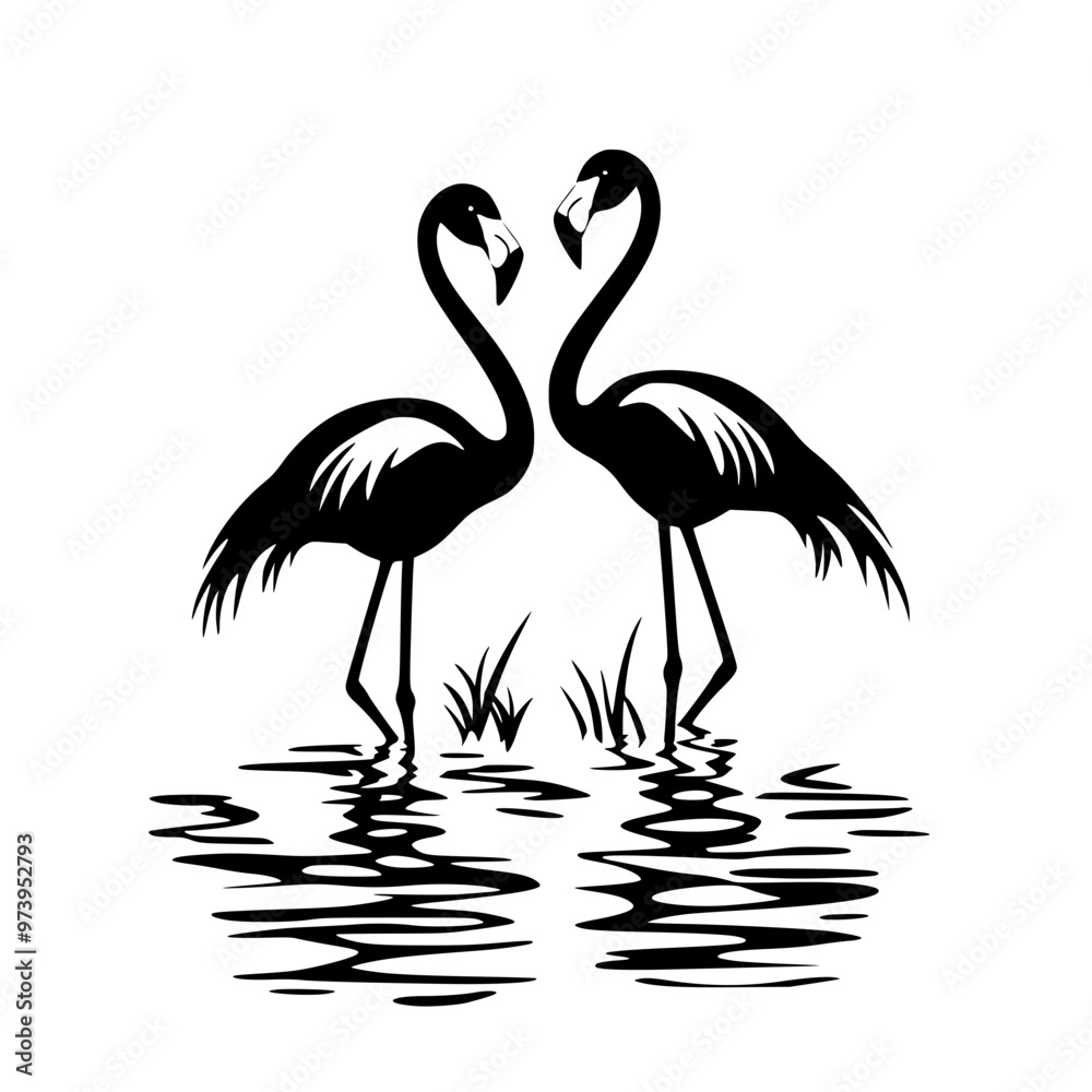 Silhouette of two flamingos facing each other, Black and white silhouette of two flamingos standing in water, facing each other, with their necks forming a heart shape.
Silhouette of two flamingos facing each other, Black and white silhouette of two flamingos standing in water, facing each other, with their necks forming a heart shape.