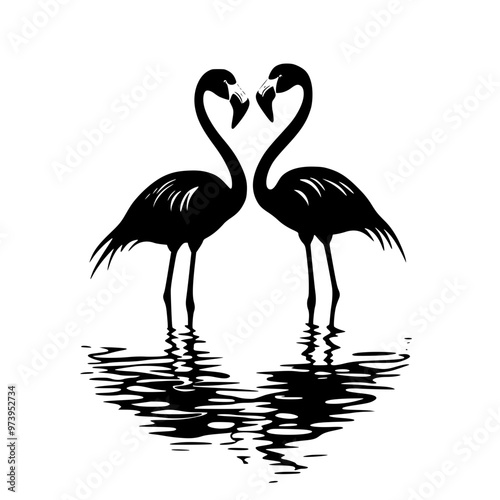 Silhouette of two flamingos facing each other, Black and white silhouette of two flamingos standing in water, facing each other, with their necks forming a heart shape.
