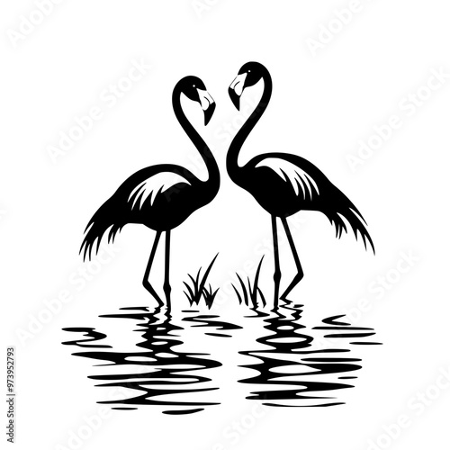 Silhouette of two flamingos facing each other, Black and white silhouette of two flamingos standing in water, facing each other, with their necks forming a heart shape.
