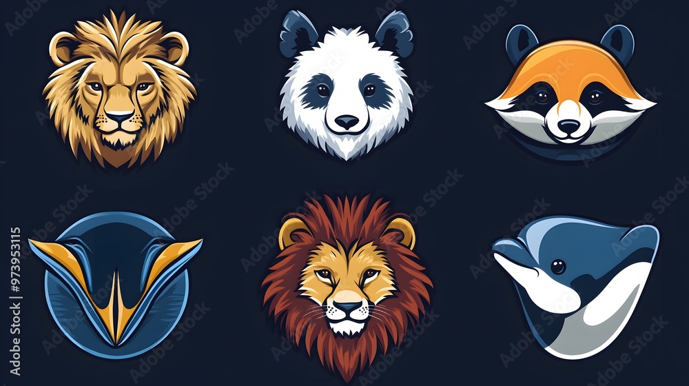 Six Cartoon Animal Heads on a Dark Blue Background Six Cartoon Animal Heads on a Dark Blue Background