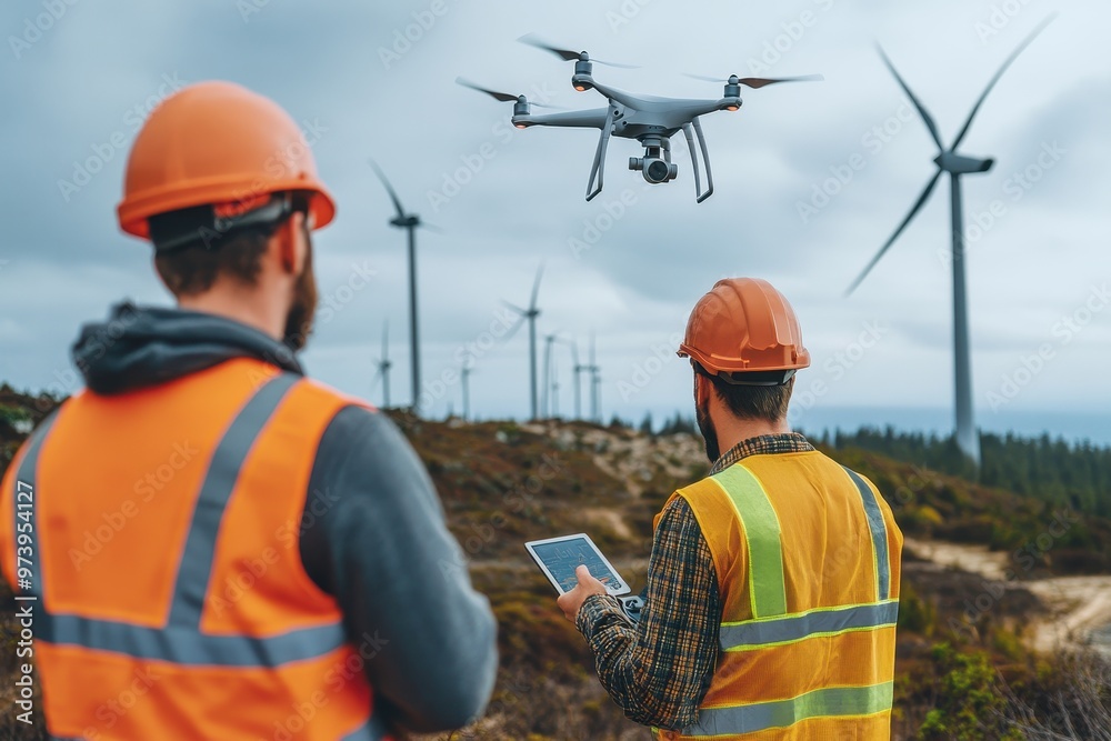 Two workers monitor a drone flying above a wind farm, showcasing technology in renewable energy. Two workers monitor a drone flying above a wind farm, showcasing technology in renewable energy.